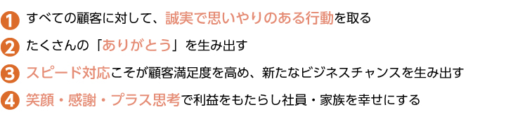 すべての顧客に対して、誠実で思いやりのある行動を取る<br />          たくさんの「ありがとう」を生み出す<br />          スピード対応こそが顧客満足度を高め、新たなビジネスチャンスを生み出す<br />          笑顔・感謝・プラス思考で利益をもたらし社員・家族を幸せにする 